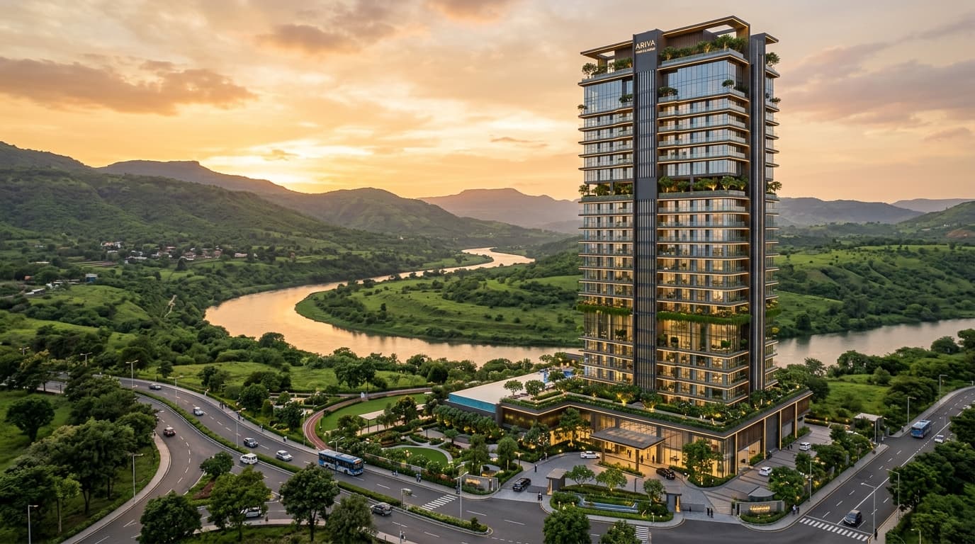 Skyscraper High-Rise Towers with River & Mountain View